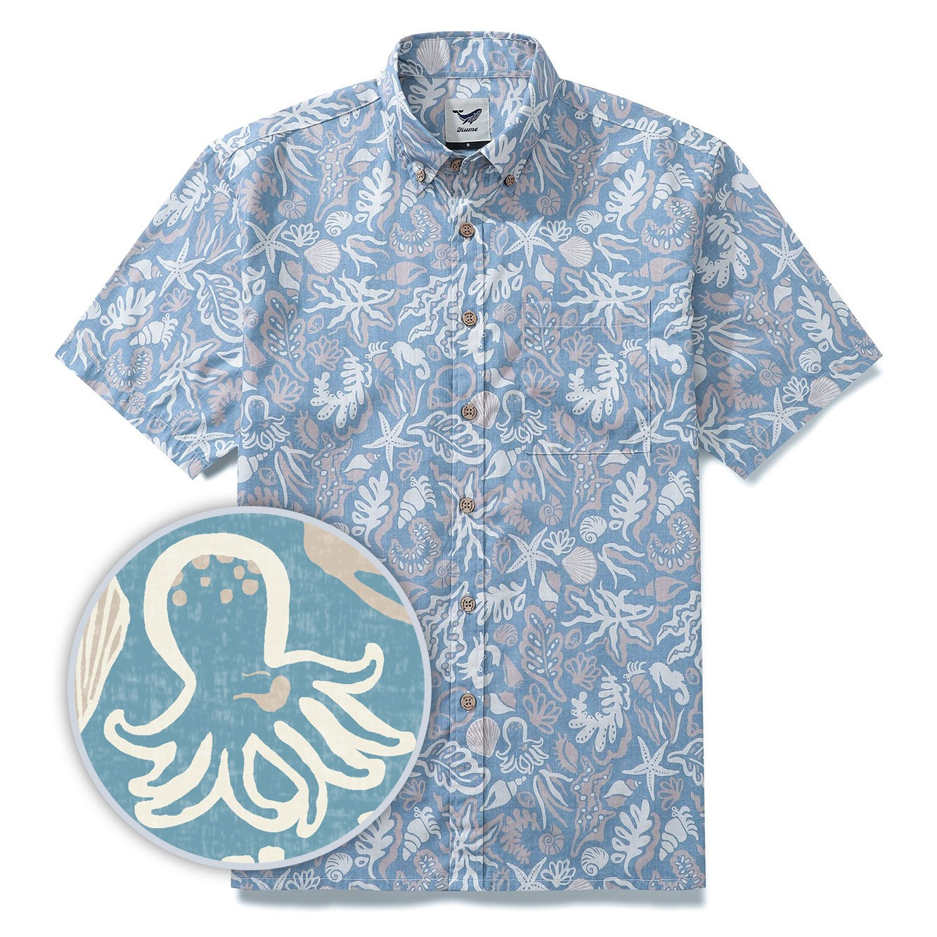 Men's Marine Life Shirt 100% Cotton Button-down Blue Hawaiian Shirt Oceanic Shirt for Men