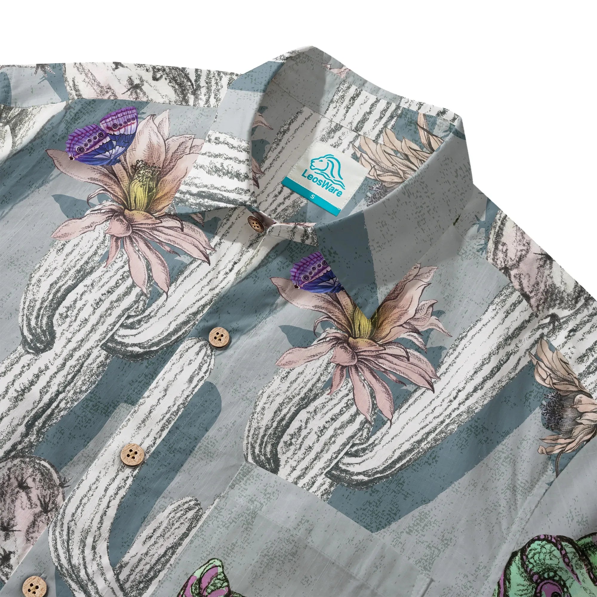 Men's art shirt with cactus and chameleon print, button-up