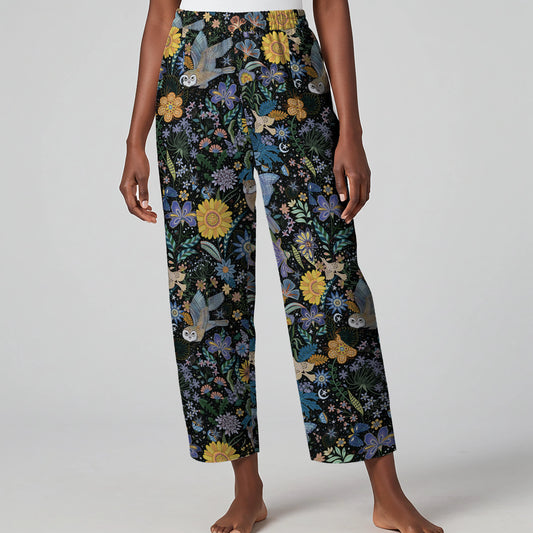 Women Casual Ankle Pants Lounge Elastic Waist with Pockets 93% Lyocell, 7% Linen Beige Aloha Owl's Secret Garden