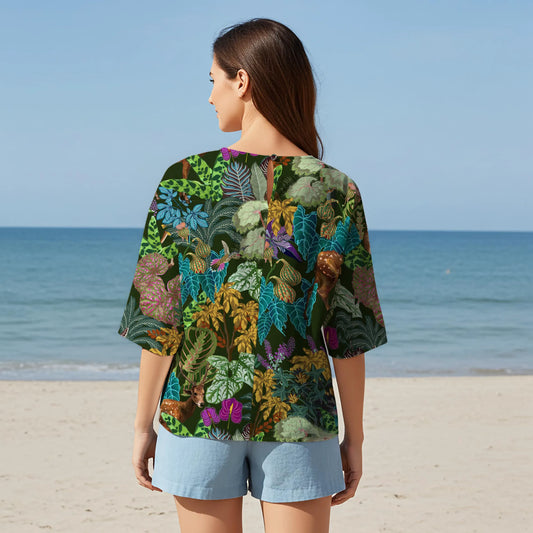 Women Casual Blouse Elbow Sleeve Round Neck Button-Back 95% Lyocell, 5% Linen Green Aloha Enchanted Forest Deer