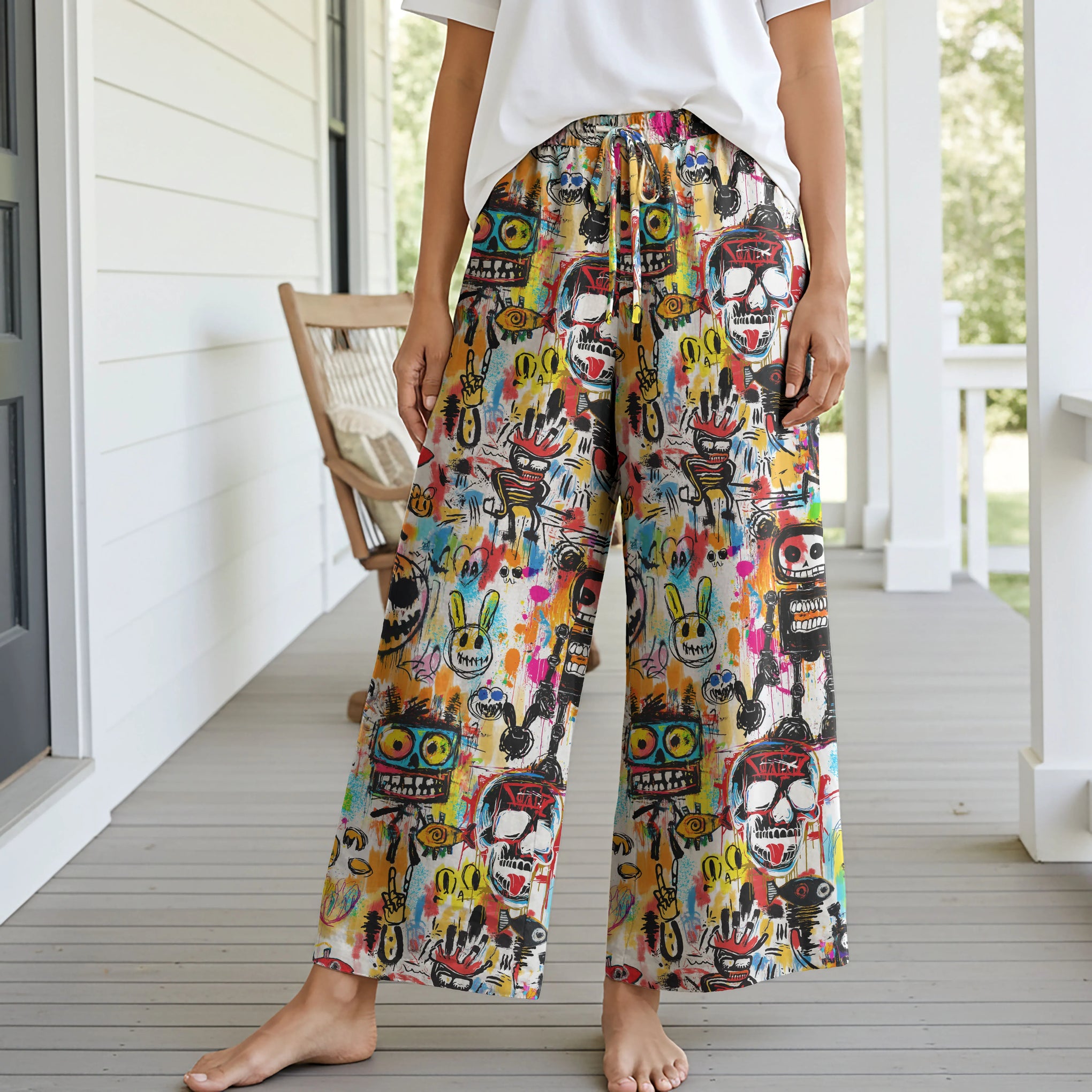 Women Casual Pants Lounge Elastic Waist Drawstring with Pockets 93% Lyocell, 7% Linen White Aloha Graffiti Madness Party