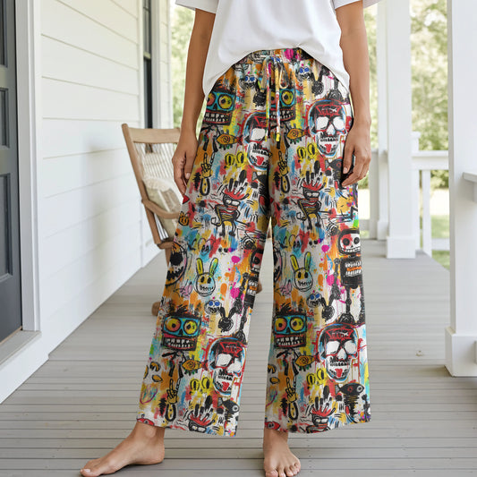 Women Casual Pants Lounge Elastic Waist Drawstring with Pockets 93% Lyocell, 7% Linen White Aloha Graffiti Madness Party