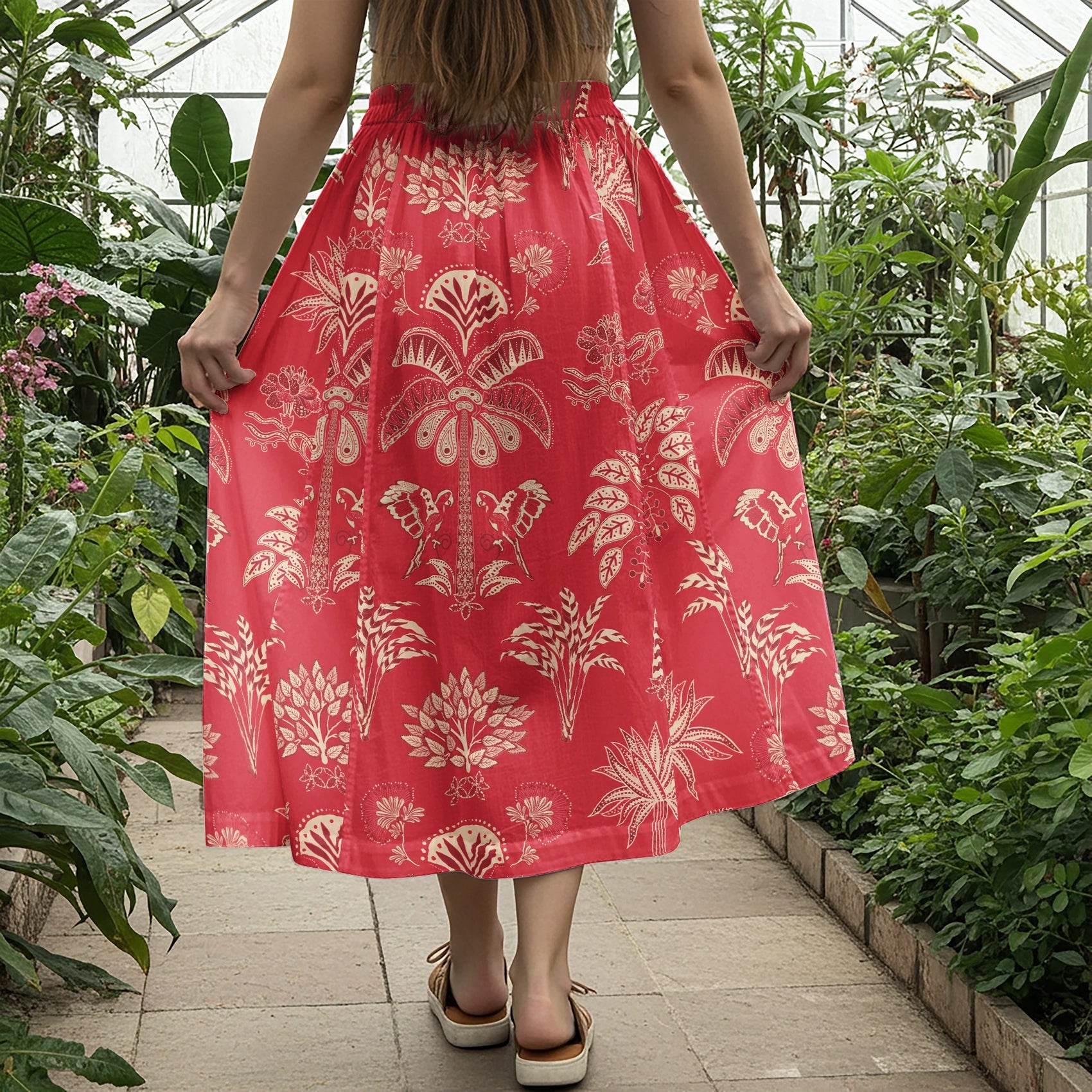 Women Casual Maxi Skirt Long Elastic Waist with Pockets 100% Cotton Red Aloha Retro Tropical Sparkle