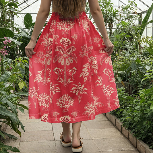 Women Casual Maxi Skirt Long Elastic Waist with Pockets 100% Cotton Red Aloha Retro Tropical Sparkle