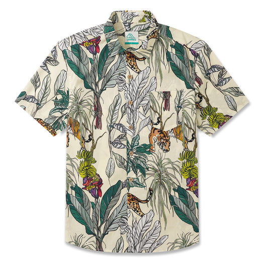 LeosWare® Men's Hawaiian Shirt Short Sleeve Button-up 100% Cotton Beige Aloha Tropical Jungle Wildness Painting