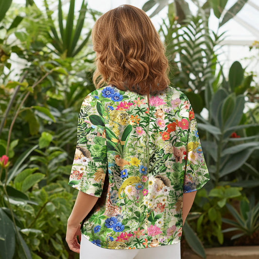 Women Casual Blouse Elbow Sleeve Round Neck Button-Back 100% Lyocell Green Aloha Enchanted Forest Zoo