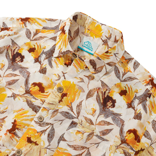 LeosWare® Men's Hawaiian Shirt Short Sleeve Button-up 100% Cotton Yellow Aloha Vintage Watercolor Florals