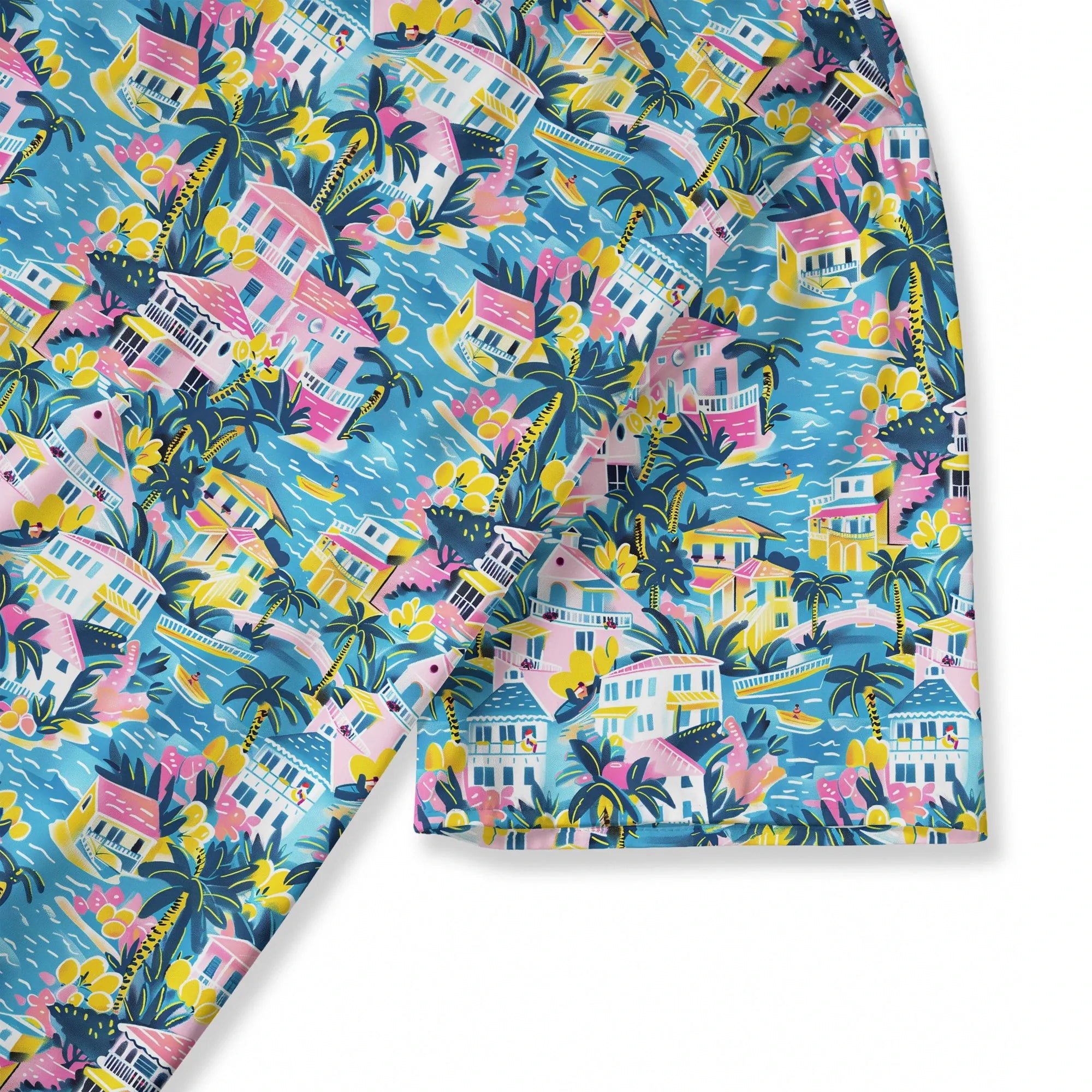 Close-up of tropical print on women's aloha macaron blouse