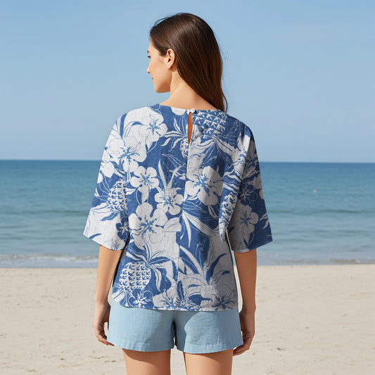 Women Casual Blouse Elbow Sleeve Crew Neck Button-Back 95% Lyocell, 5% Linen Blue Aloha Pineapple And Hibiscus Blossom