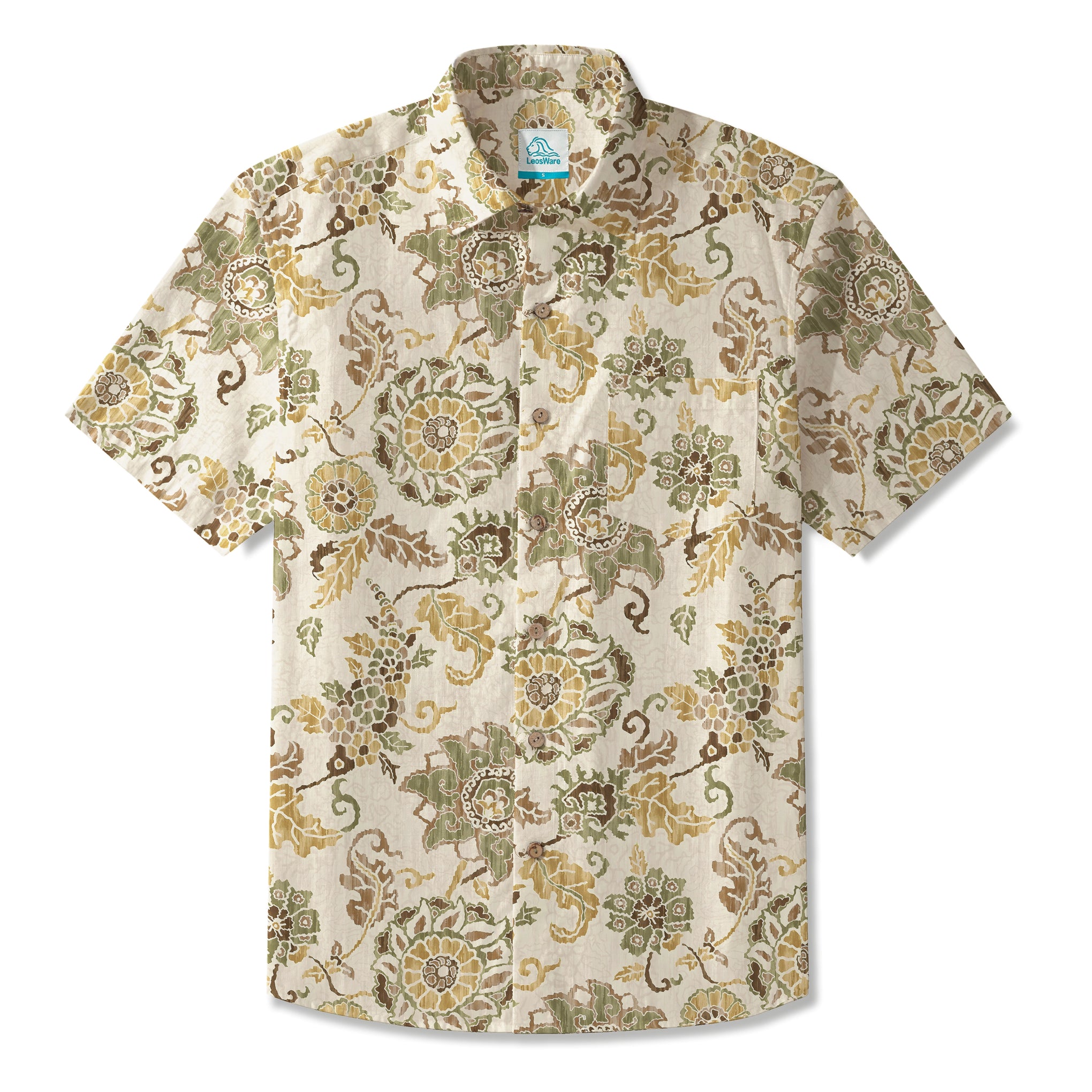 LeosWare® Men's Hawaiian Shirt Short Sleeve Button-up 100% Cotton Yellow Aloha Vintage Luxurious Pattern Art