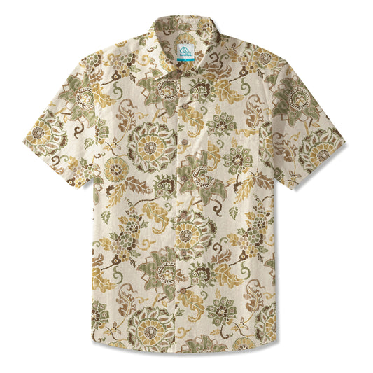 LeosWare® Men's Hawaiian Shirt Short Sleeve Button-up 100% Cotton Yellow Aloha Vintage Luxurious Pattern Art