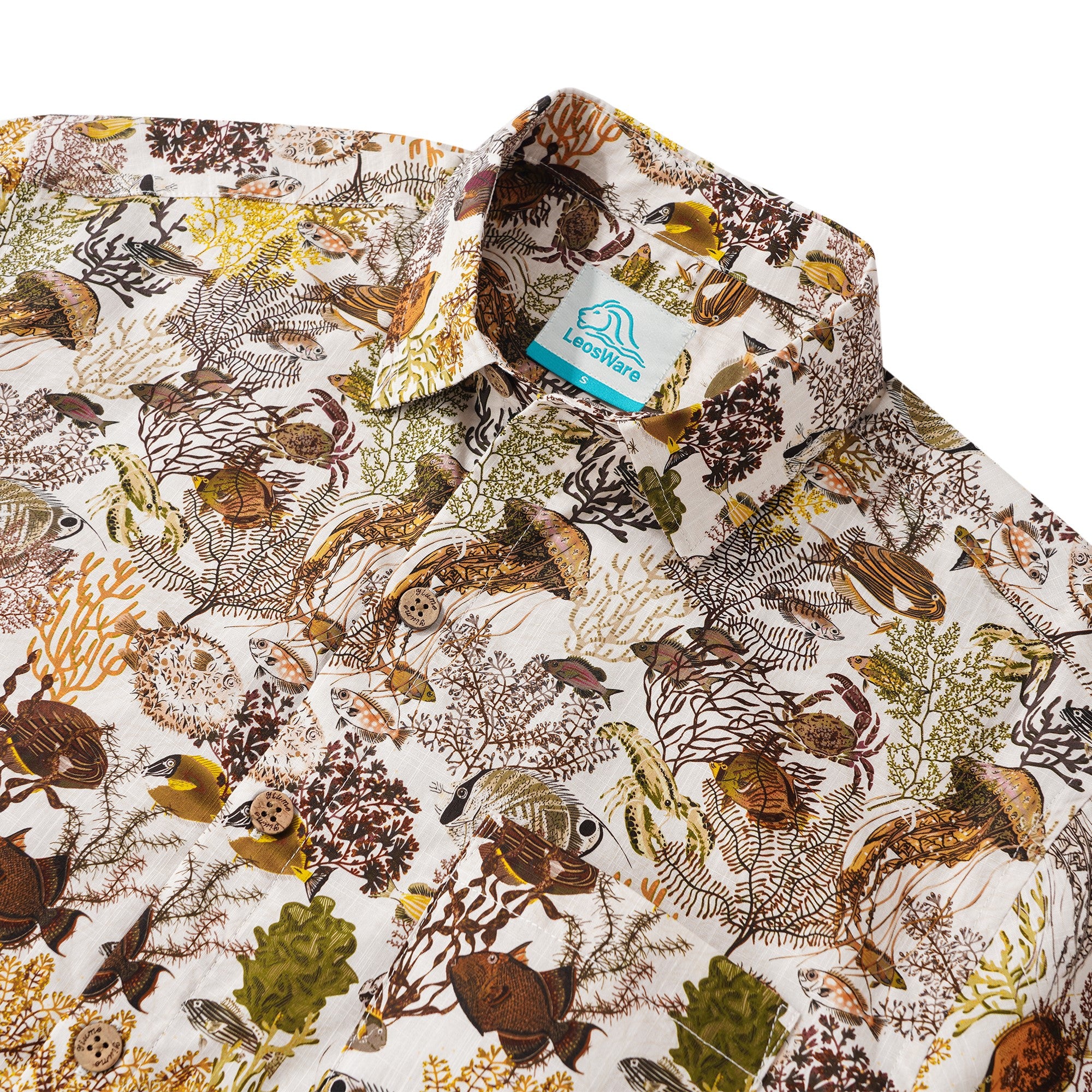 LeosWare® Men's Hawaiian Shirt Short Sleeve Button-up 100% Cotton Yellow Aloha Retro Oceanic Biome Ecological Pattern Illustration