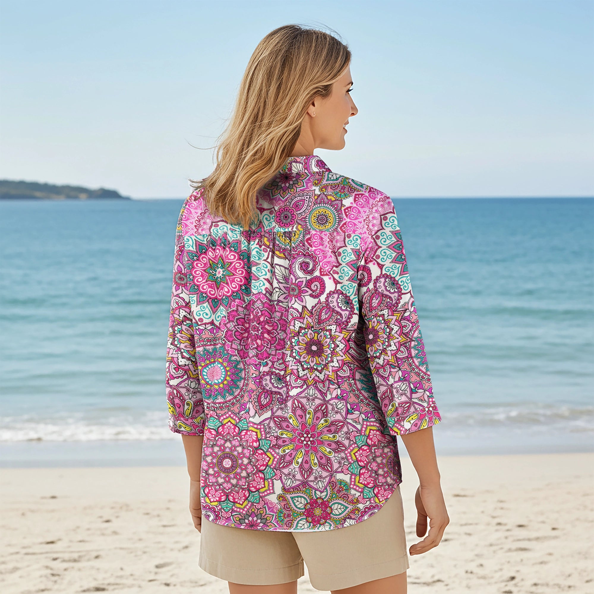 Women Casual Blouse 3/4 Sleeve V-neck Shirt Collar 100% Lyocell Red Aloha Pink Mandala