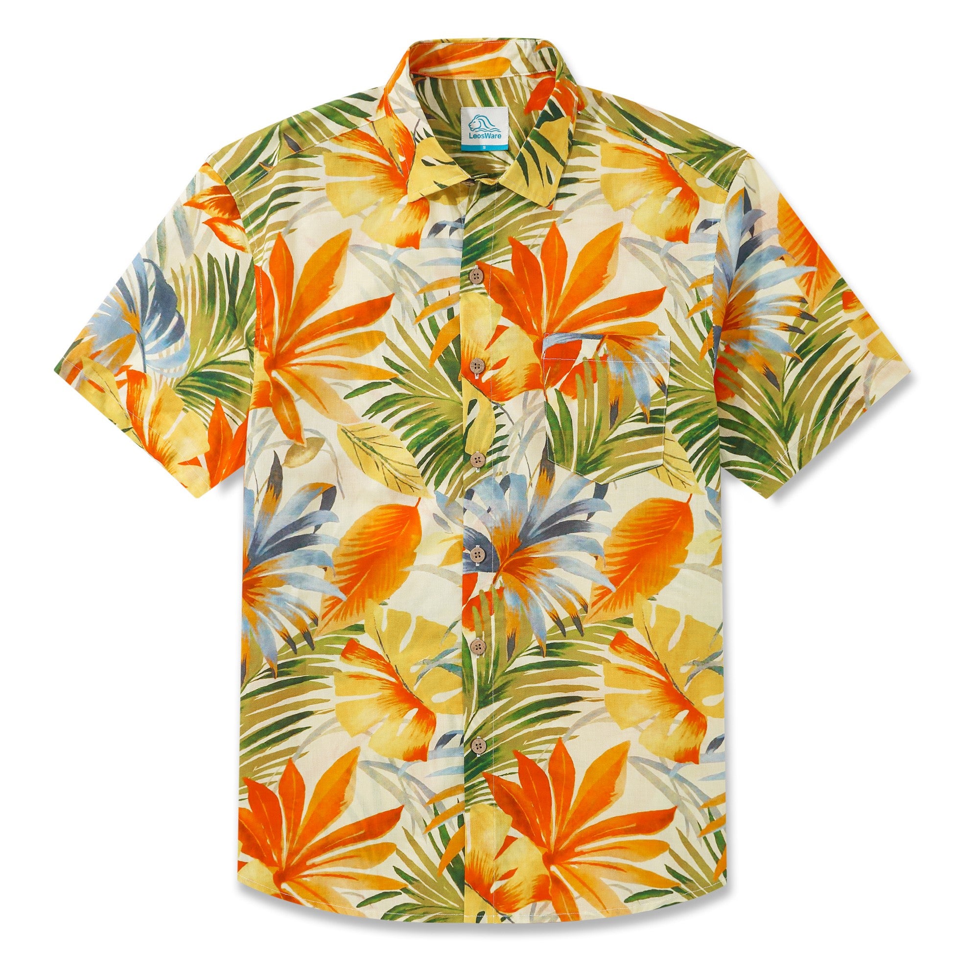 LeosWare® Men's Hawaiian Shirt Short Sleeve Button-up 100% Cotton Yellow Aloha Fiery Tropical Leaf Fantasia