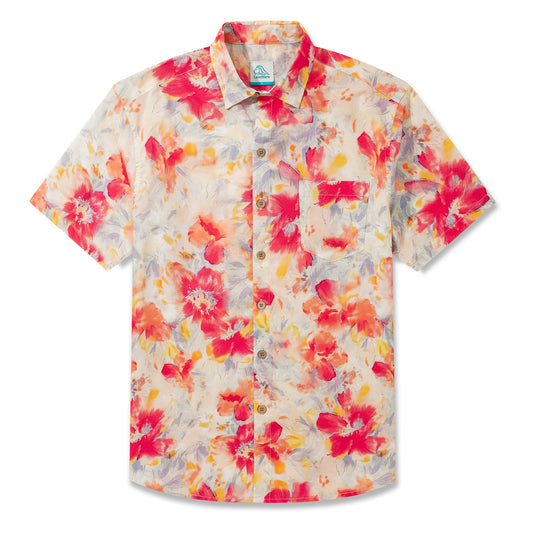 LeosWare® Men's Hawaiian Shirt Short Sleeve Button-up 100% Cotton Red Aloha Vibrant Watercolor Floral Cluster Painting