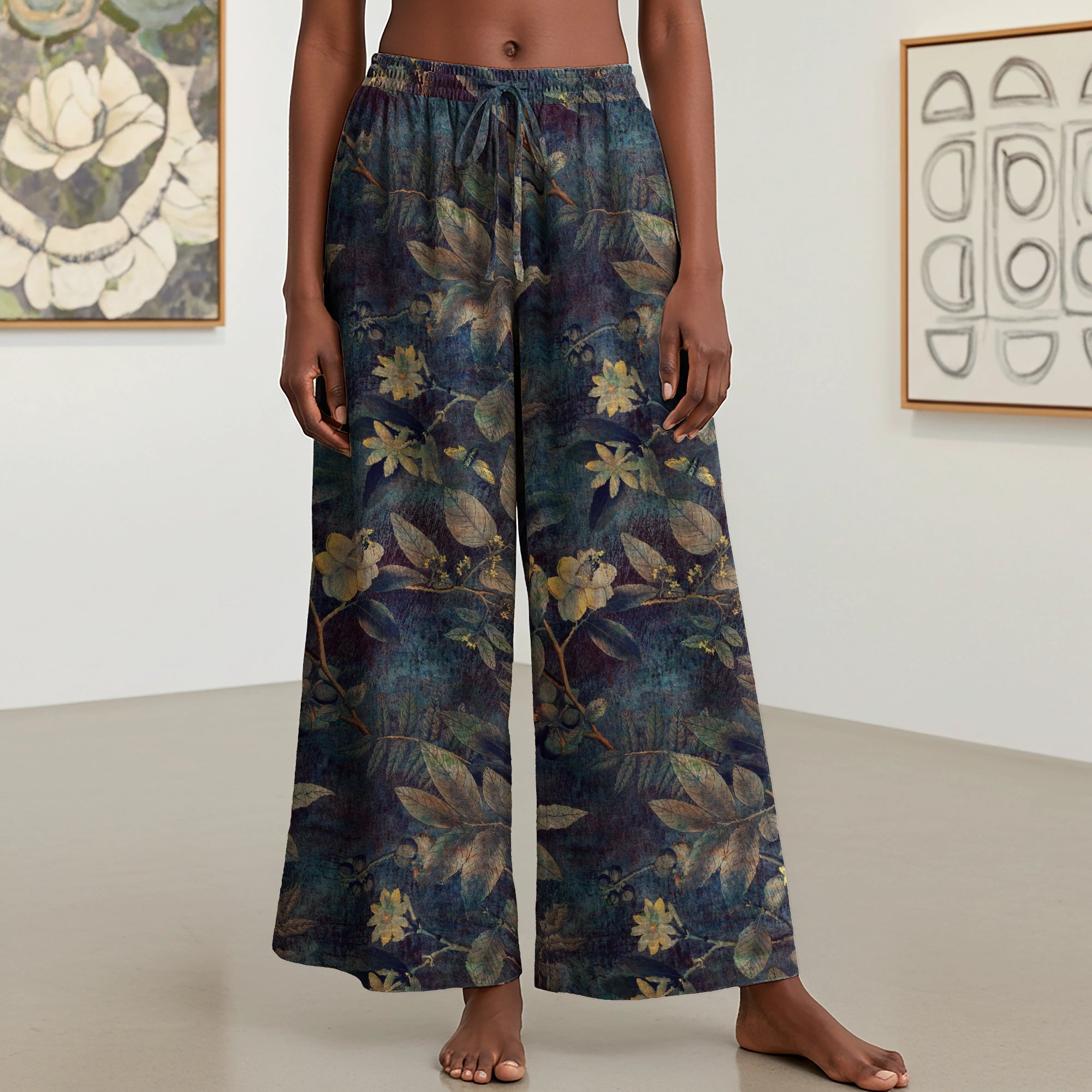 Women Casual Pants Lounge Elastic Waist Drawstring with Pockets 93% Lyocell, 7% Linen Green Aloha Atmospheric Plant Whispers