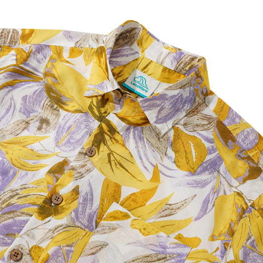 LeosWare® Men's Hawaiian Shirt Short Sleeve Button-up 100% Cotton Yellow Aloha Tropical Golden Leaves