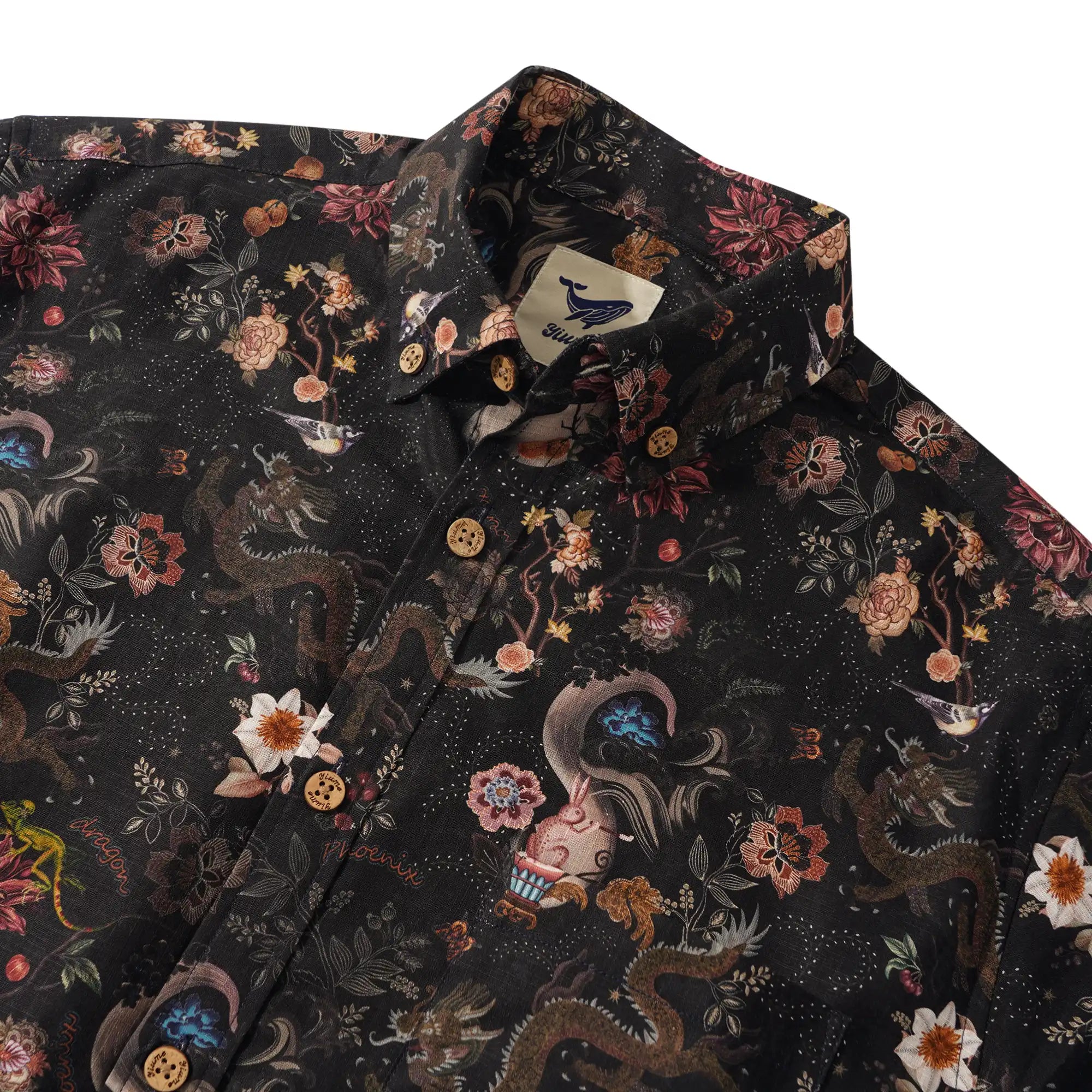 Men's Hawaiian Shirt Long Sleeve Button-down 100% Cotton Black Aloha Ink Charm Eastern Dream