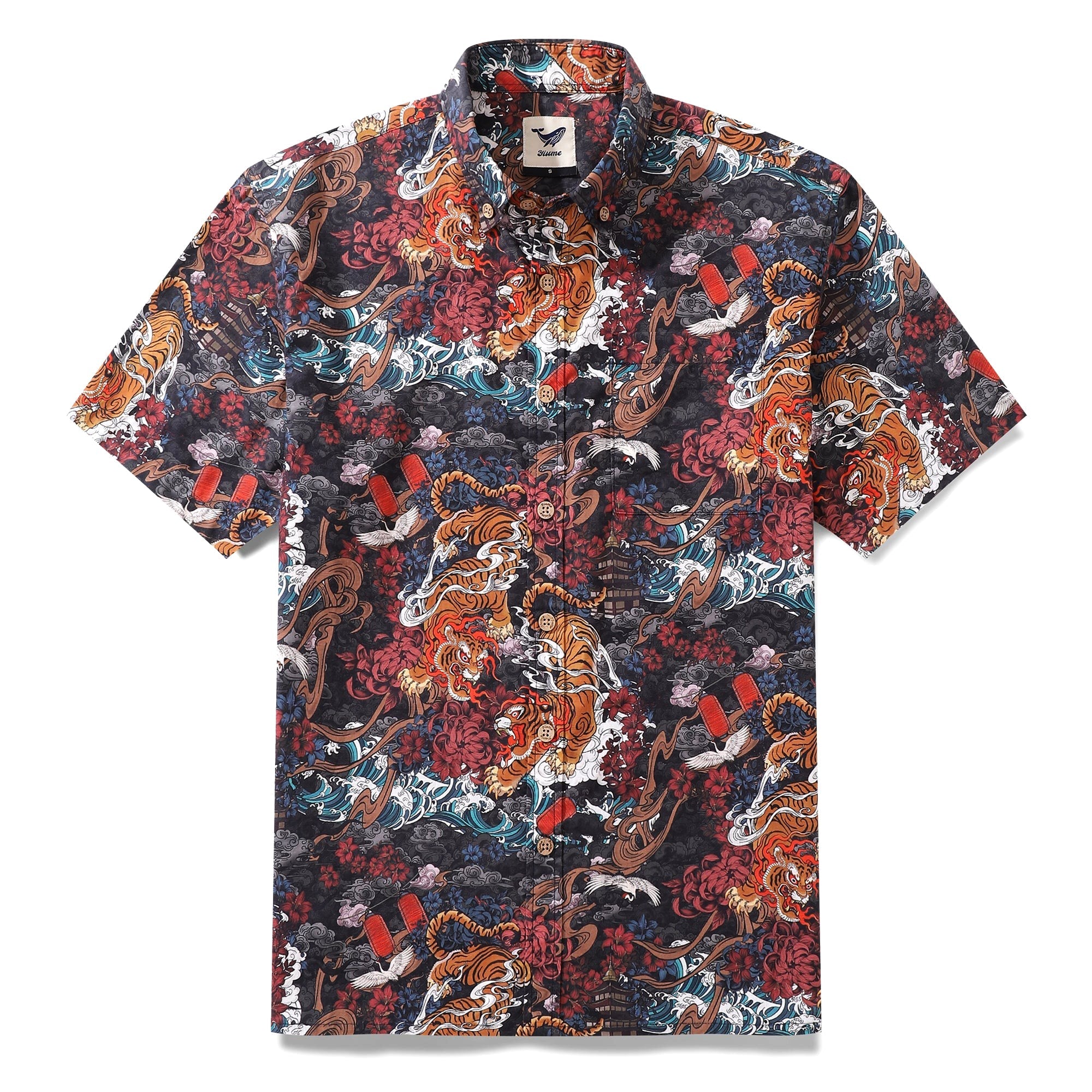 Herren Tiger Hemd 1950er Jahre Vintage Hawaiian Shirt für Herren Kurzarm Baumwolle Aloha Hemd