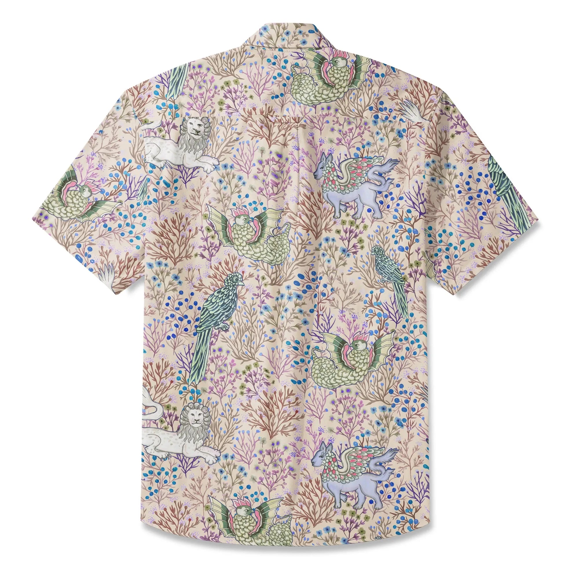 Front view of men's Hawaiian shirt with floral and mythical design