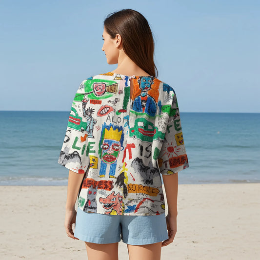 Women's Aloha Graffiti art shirt, elbow sleeve, crew neck, button-back