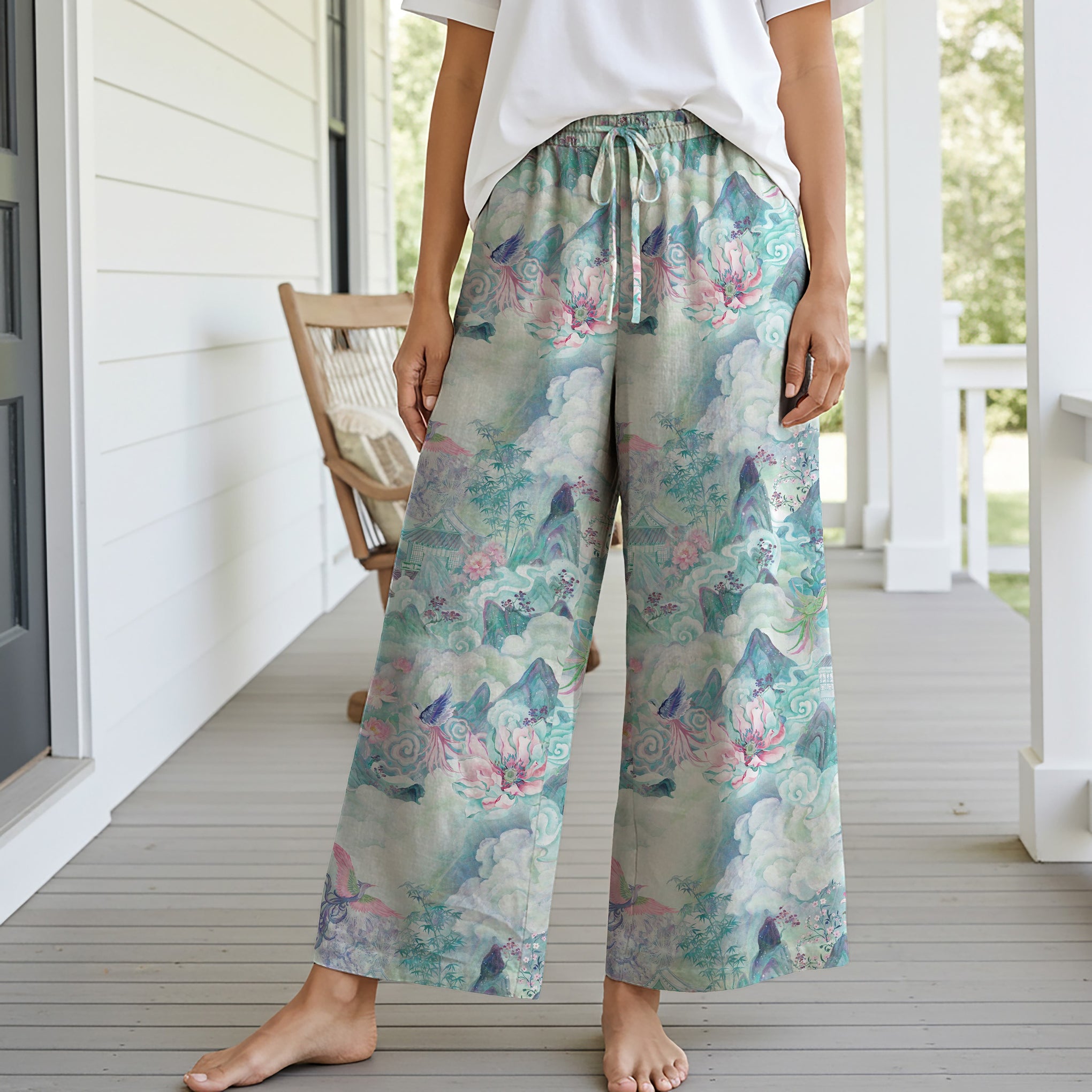 Women Casual Pants Lounge Elastic Waist Drawstring with Pockets 93% Lyocell, 7% Linen Blue Aloha Painted Scroll Of The Celestial Garden