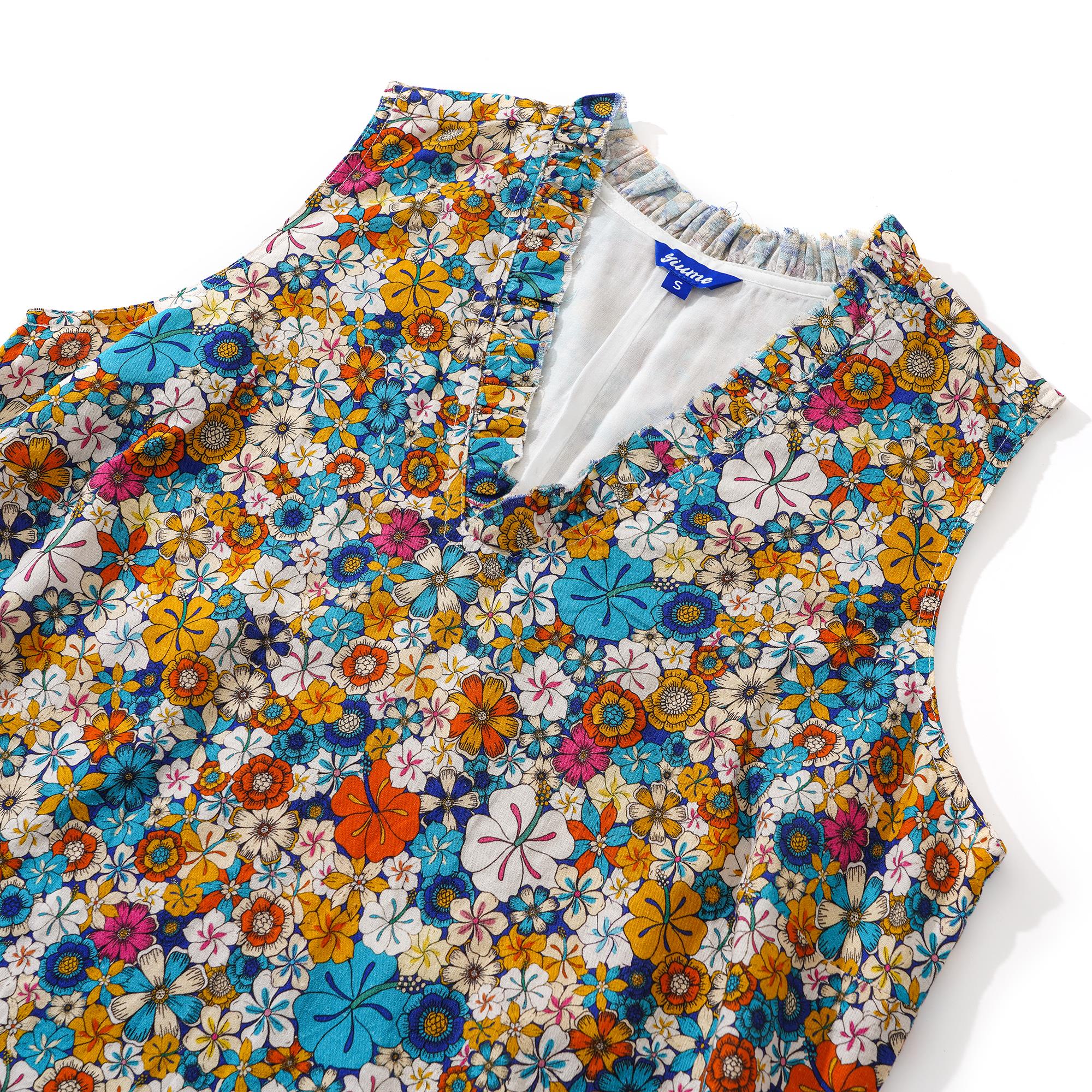 Women's Hawaiian Dress Sleeveless V-neck 55% Linen 45% Rayon Orange Aloha Hibiscus Blossom