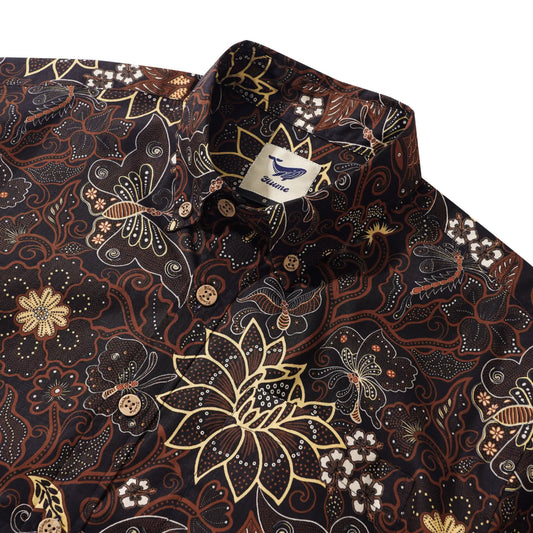 Men's Hawaiian Shirt Short Sleeve Button-down 100% Cotton Yellow Aloha Enchanting Blooms And Butterflies