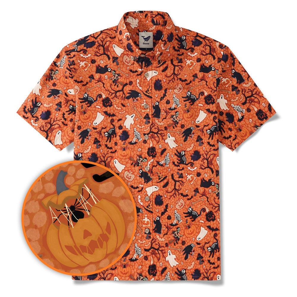 Halloween Hawaiian Shirt For Men Orange Short Sleeve Button-down 100% Cotton Orange Aloha Shirt