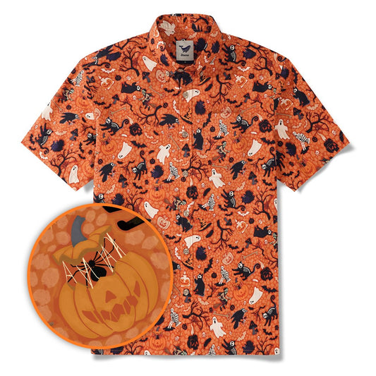 Halloween Hawaiian Shirt For Men Orange Short Sleeve Button-down 100% Cotton Orange Aloha Shirt