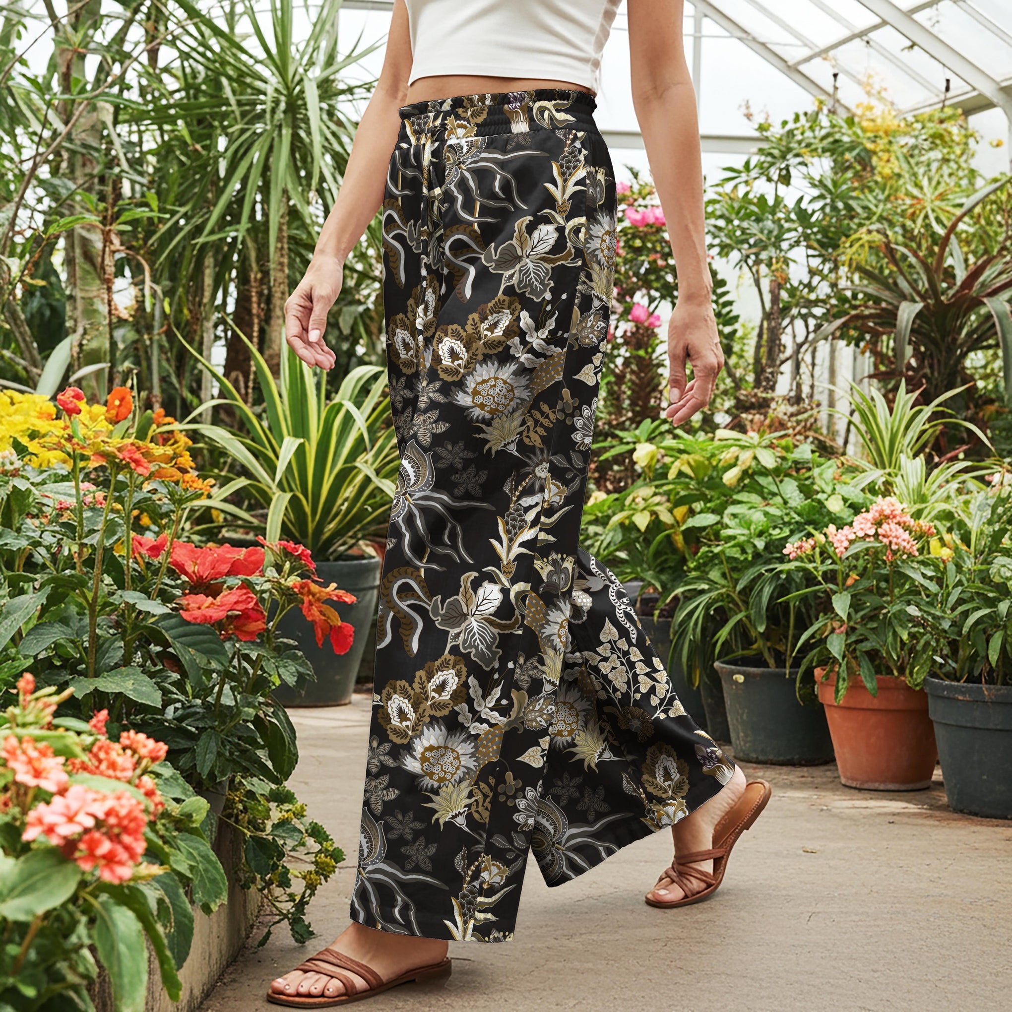 Women Casual Pants Lounge Elastic Waist Drawstring with Pockets 100% Cotton Brown Aloha Tranquil Ink Floral Art