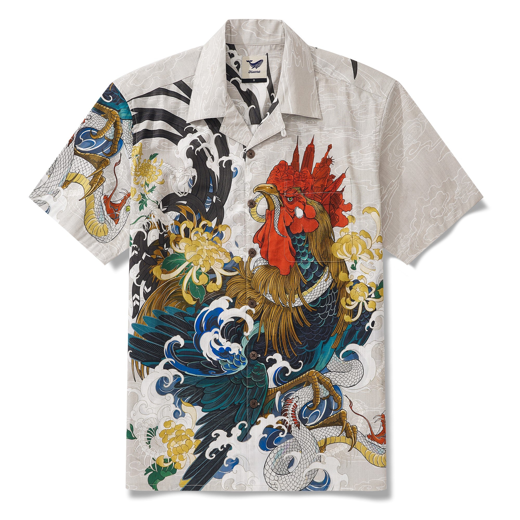 Chemise hawaïenne masculine 100% coton à manches courtes à manches courte à manches courte coq et chemise japonaise ukiyo-e