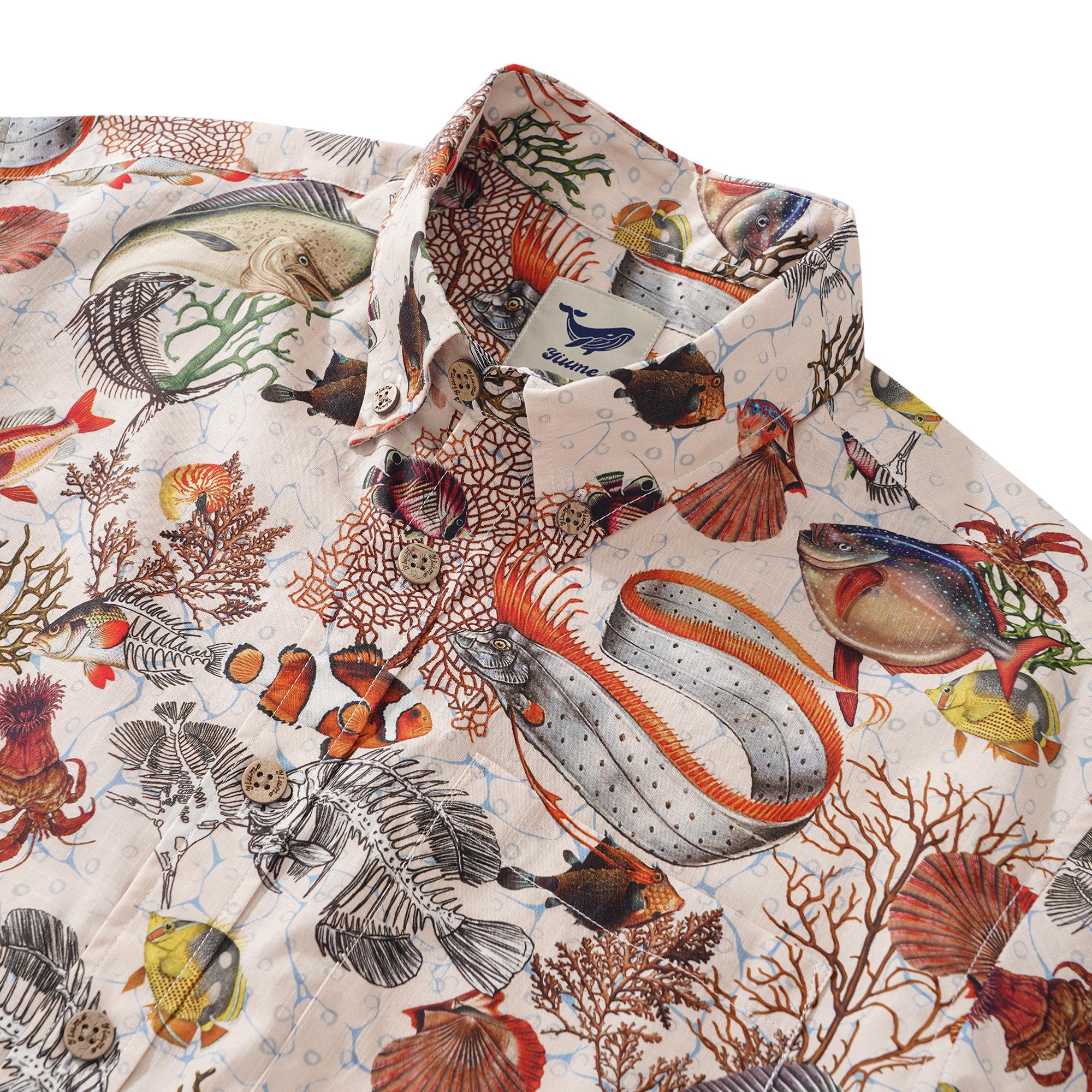 Herren-Hawaiian-Hemd Kurzärmel Button Down 100% Baumwolle gelbe Aloha King Makrel für nicht zu verzeichnete Freunde