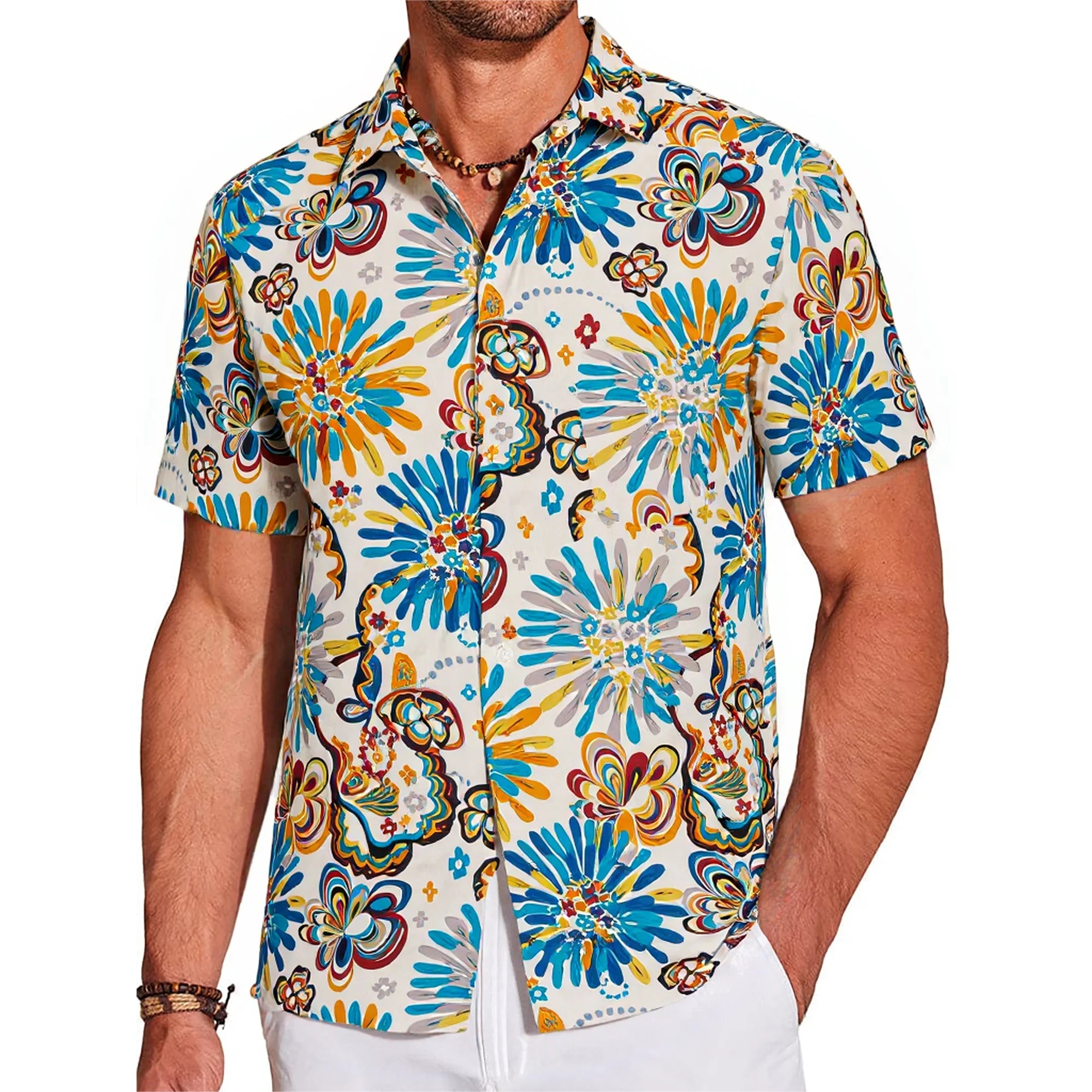LeosWare® Men's Hawaiian Shirt Short Sleeve Button-up 100% Cotton Blue Aloha Vibrant And Colorful Artistic Flowers