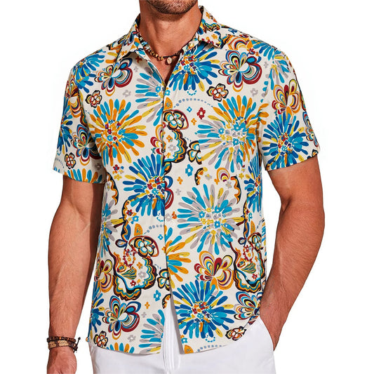 LeosWare® Men's Hawaiian Shirt Short Sleeve Button-up 100% Cotton Blue Aloha Vibrant And Colorful Artistic Flowers
