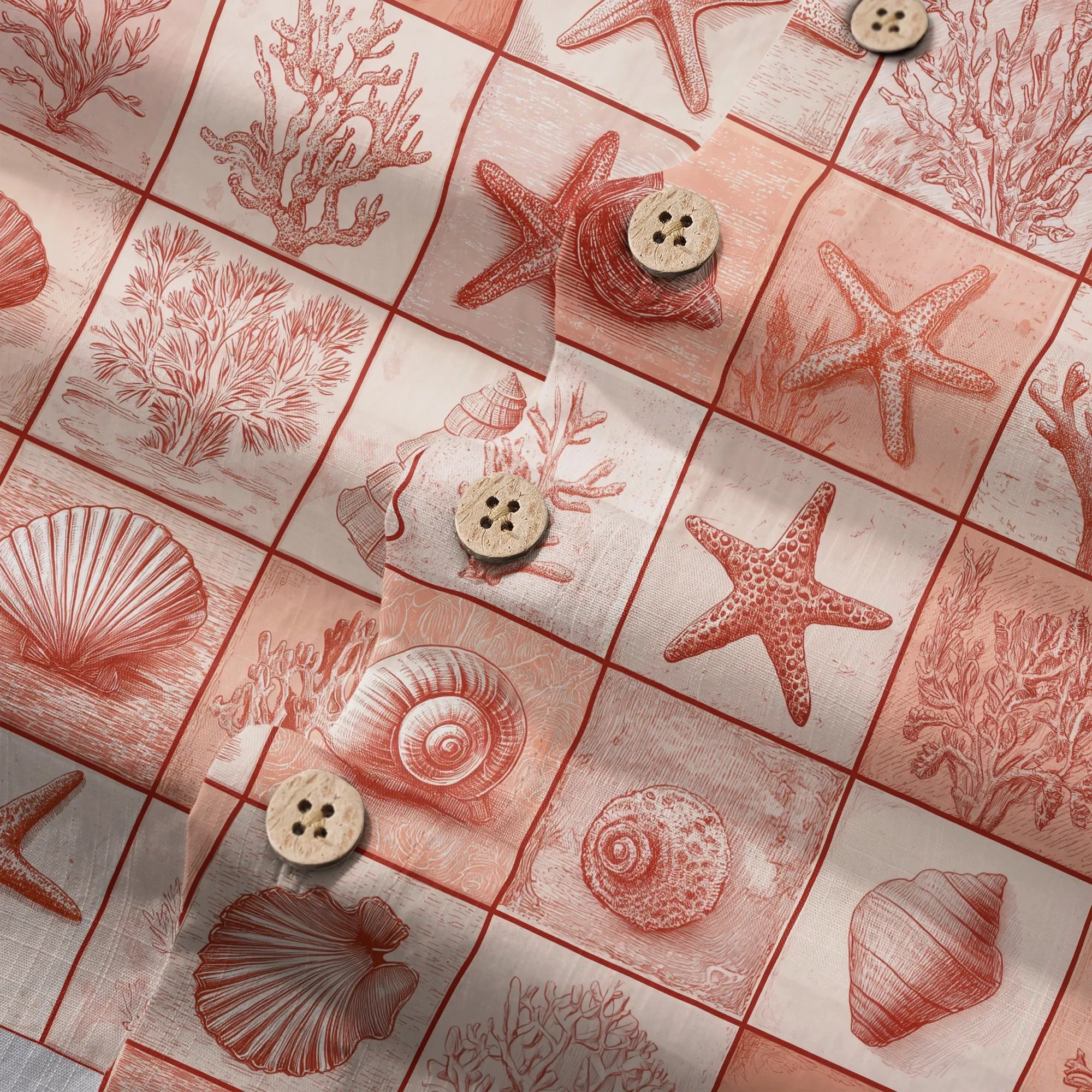 Detail of coral red plaid shirt with starfish and seashells