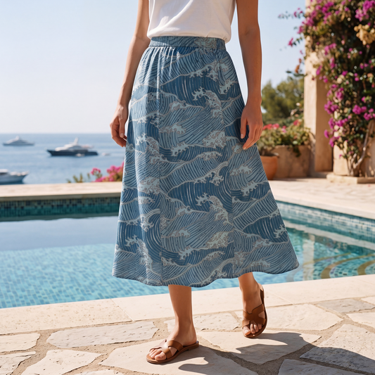 Women's blue skirt with Aloha Surging Waves print, elastic waist, cotton