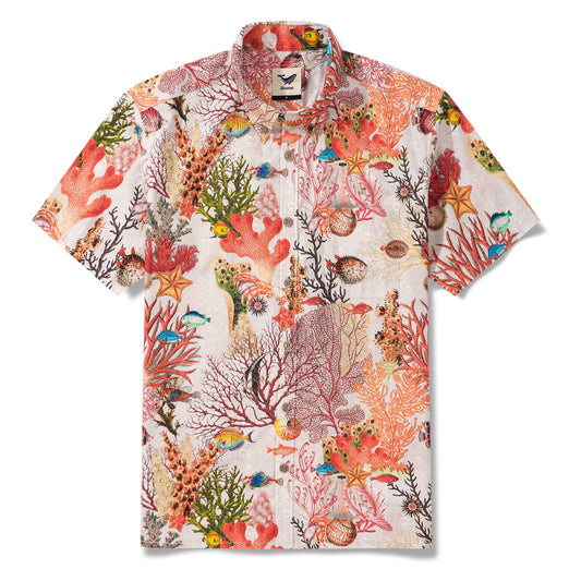 Chemise hawaïenne pour homme à manches courtes, boutonnée, 100 % coton, beige, Aloha Ocean Reverie