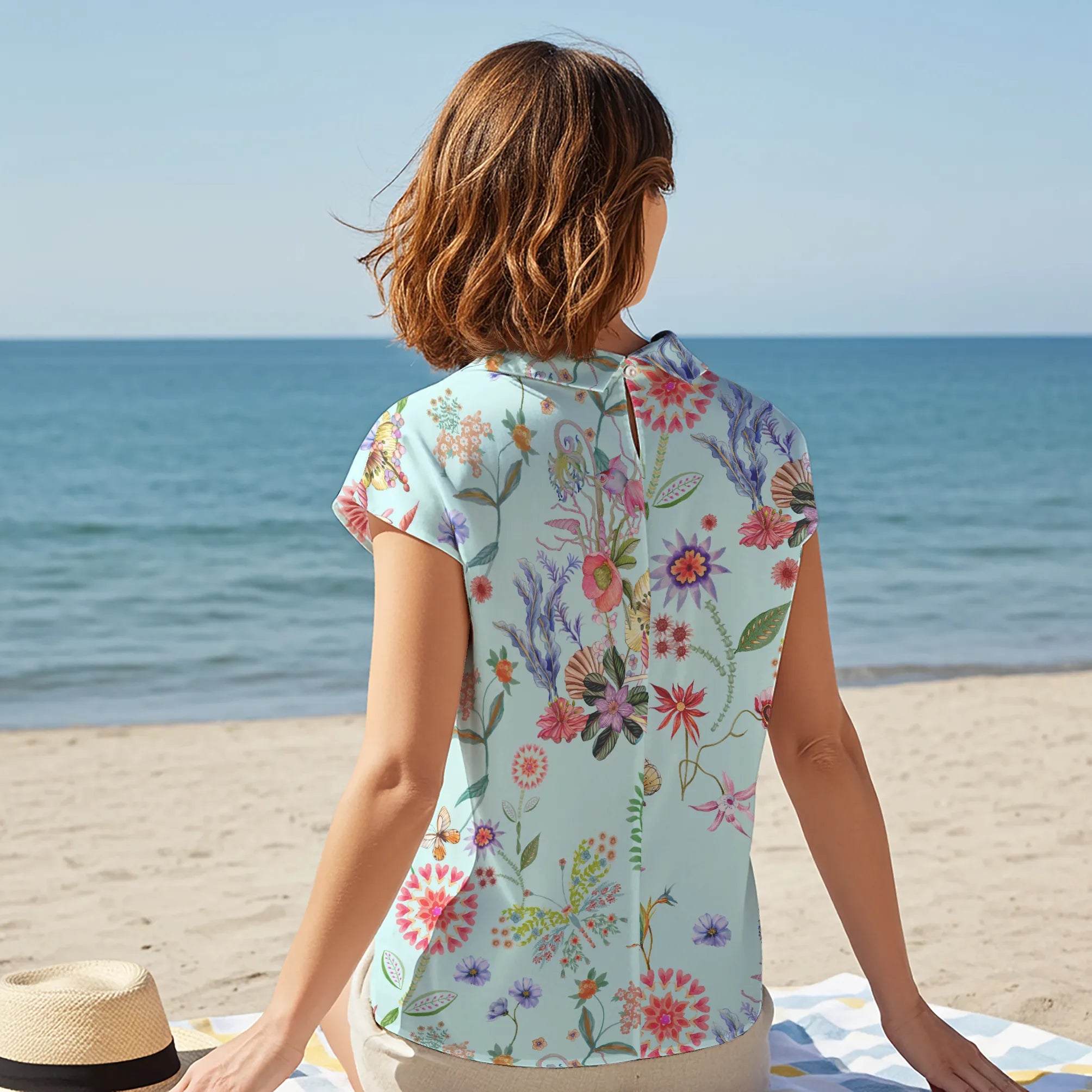 Women Casual Blouse Cap Sleeve Fold-Over Neck 100% Lyocell Green Aloha Spring Blossoms And Butterflies Dancing Painting Button-Back