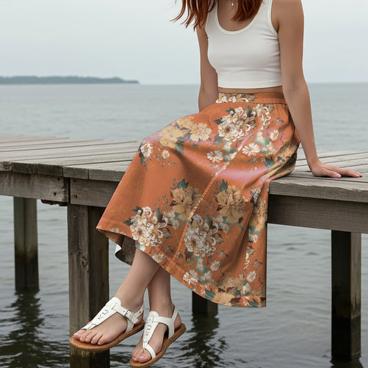 Women Casual Maxi Skirt Long Elastic Waist with Pockets 100% Cotton Brown Aloha Warm Brown Floral Charm