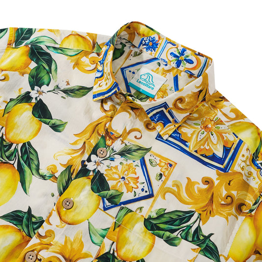 LeosWare® Men's Hawaiian Shirt Short Sleeve Button-up 100% Cotton Yellow Aloha Romantic Interplay Of Lemon And Patterns