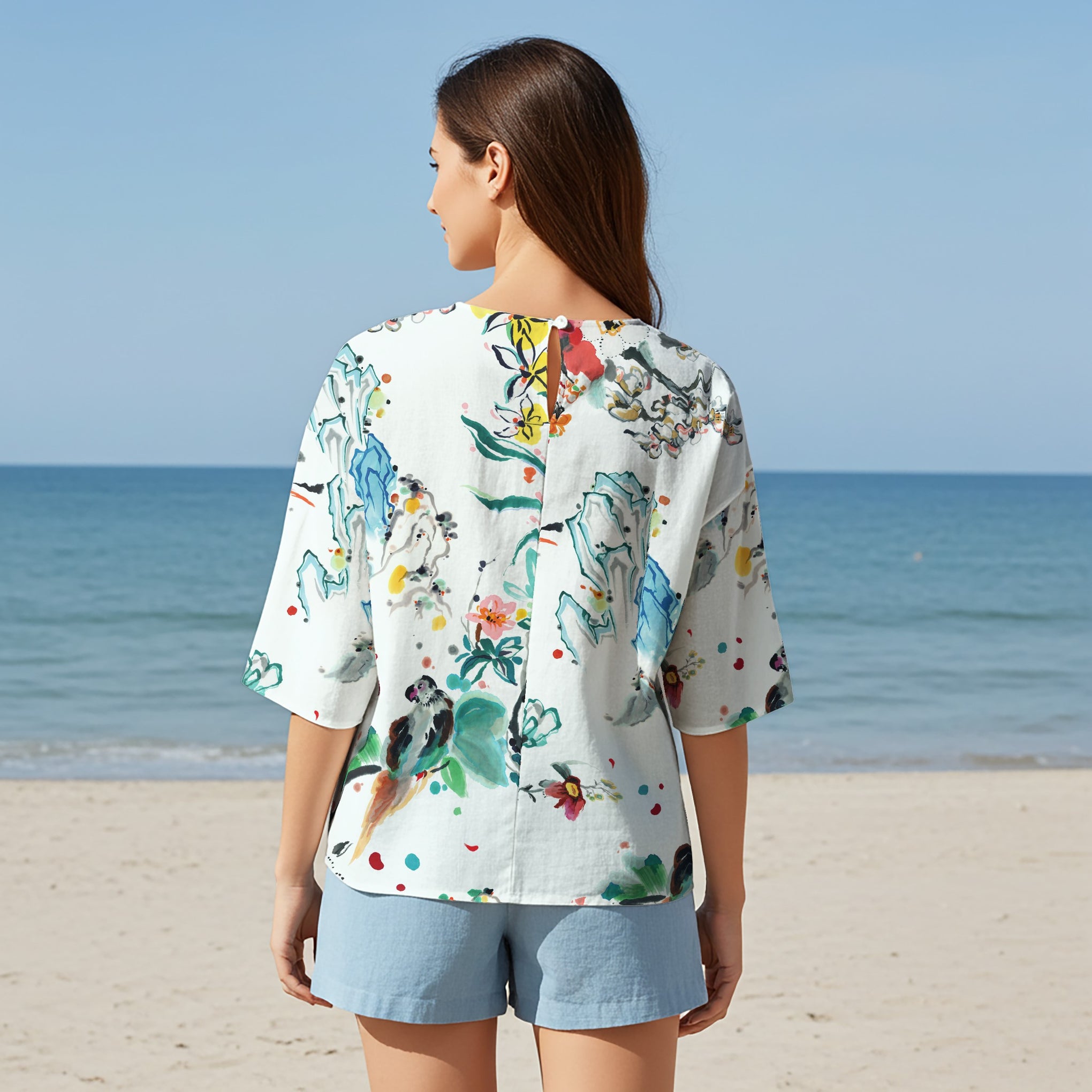 Women Casual Blouse Elbow Sleeve Round Neck Button-Back 95% Lyocell, 5% Linen Green Aloha Ink Flower Wonder