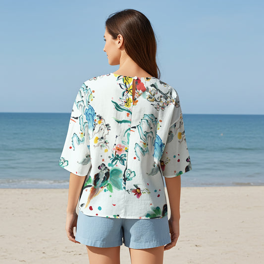 Women Casual Blouse Elbow Sleeve Round Neck Button-Back 95% Lyocell, 5% Linen Green Aloha Ink Flower Wonder