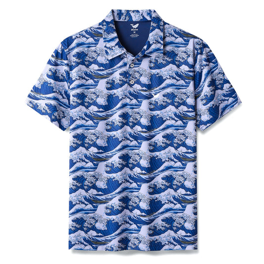 Men's Hawaiian Polo Shirt Ocean Waves Japanese Ukiyo-e Short Sleeve Golf Shirt Japanese Ukiyo-e Polo