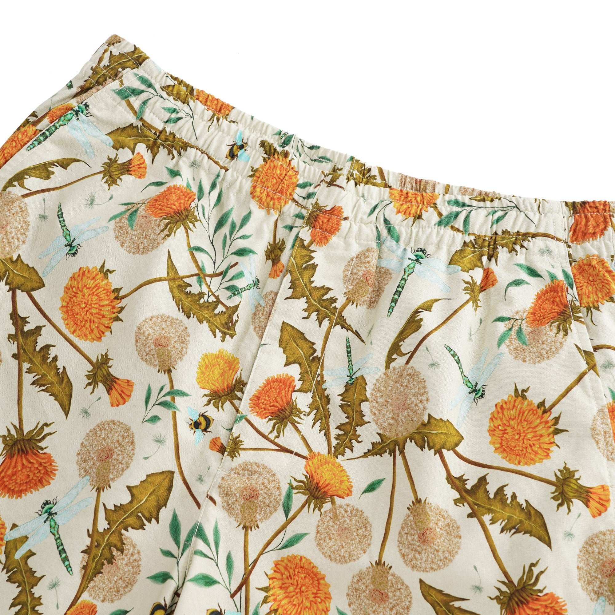 Men's Printed Floral Drawstring 100% Cotton Yellow Aloha Dandelions And Dragonflies By Silver Steer Design