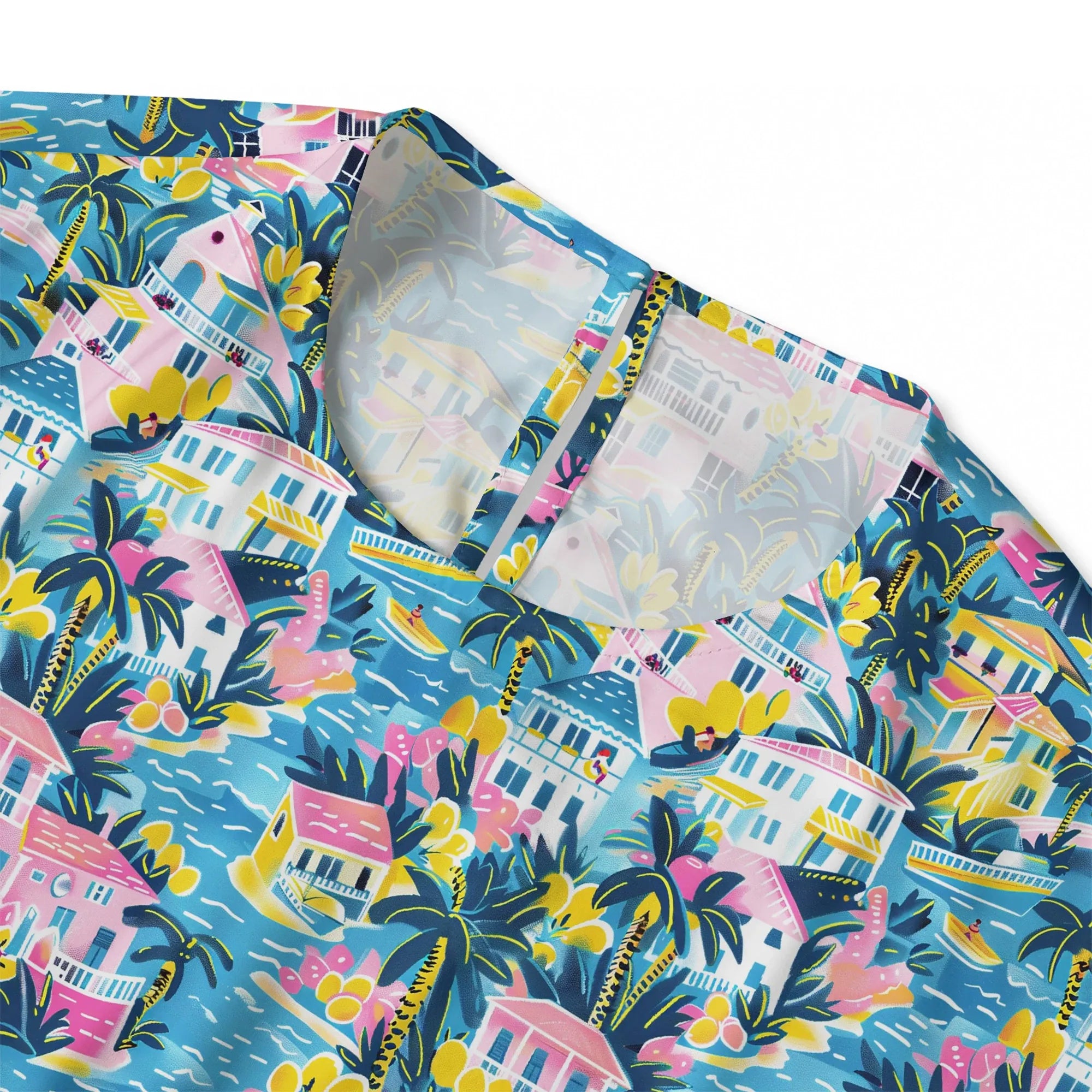Back view of women's aloha macaron blouse, button-back design