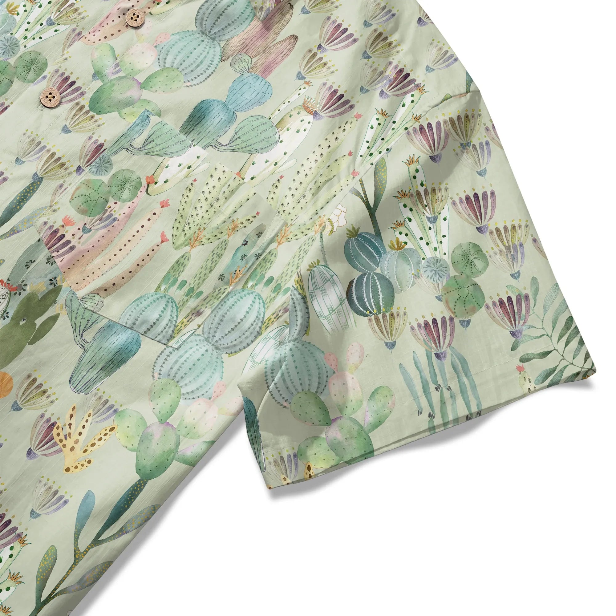 Men's green Hawaiian shirt with cactus, button-up