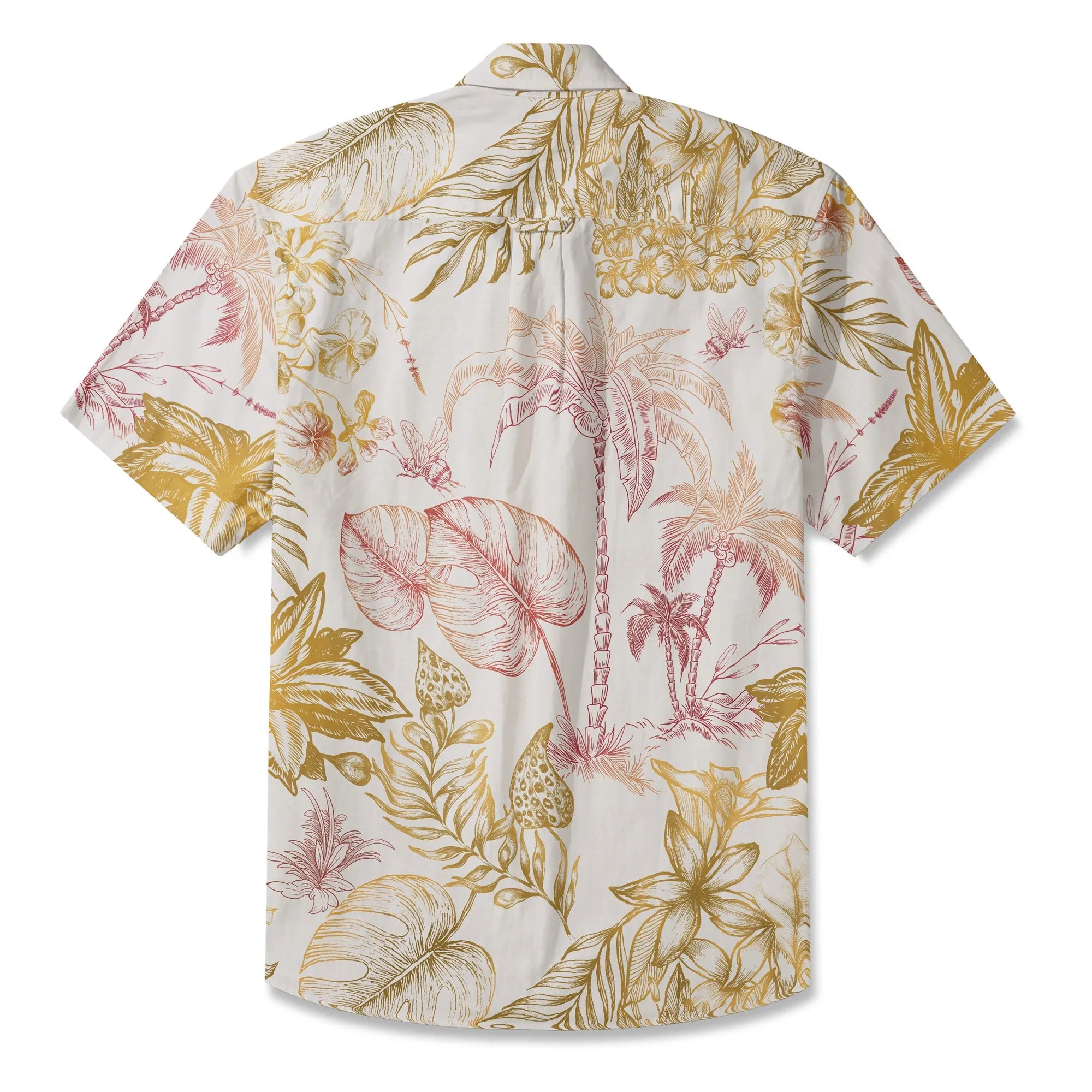 Front view of men's Hawaiian shirt with tropical blossoms