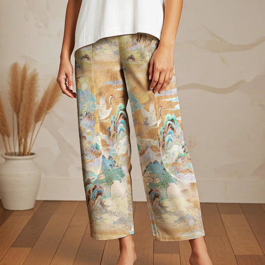 Women Casual Ankle Pants Lounge Elastic Waist with Pockets 93% Lyocell, 7% Linen Aloha Crane Soaring To The Ninth Heaven