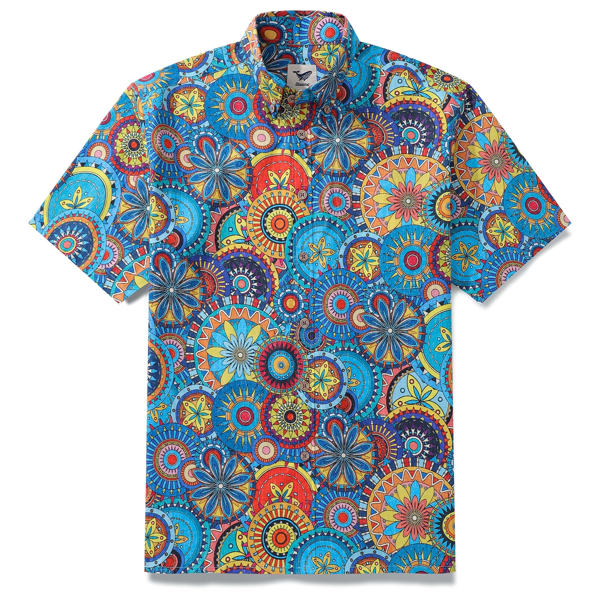 Blue Mandala Hawaiian Shirt For Men Short Sleeve Geometric Button-down Shirt 100% Cotton Shirt Mandala Mosaic